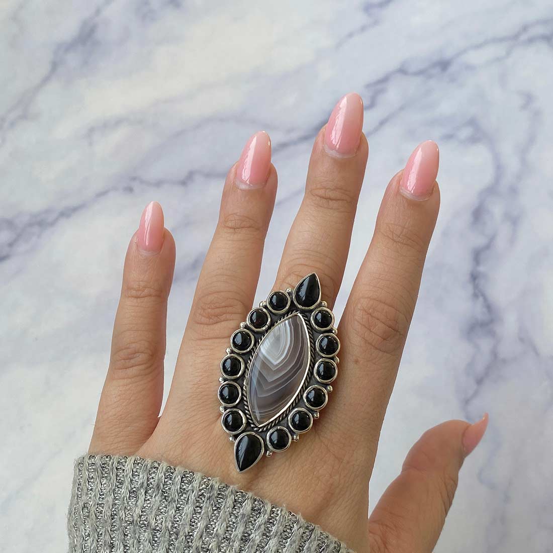 Botswana Agate And Black Onyx Flower Adjustable Ring-(BWA-FLR-4.)